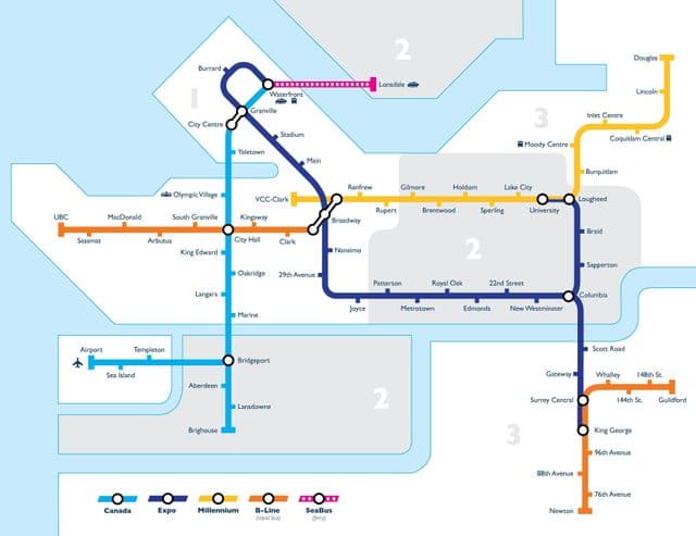 Mapa das estações de metrô de Vancouver