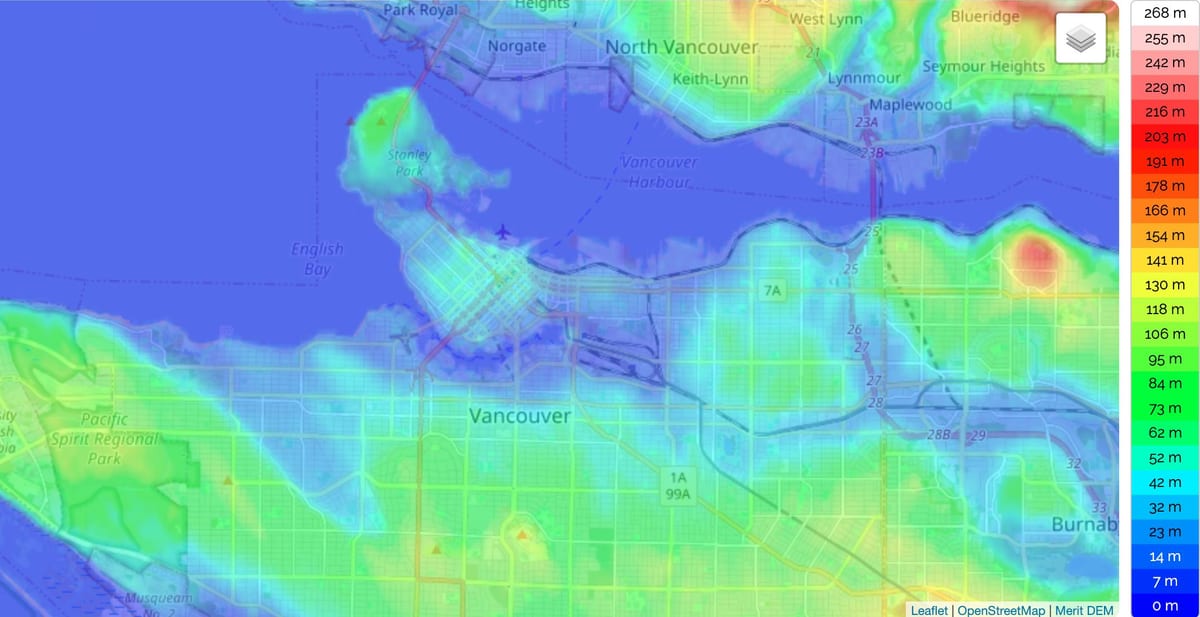 Mapa de elevação de Vancouver