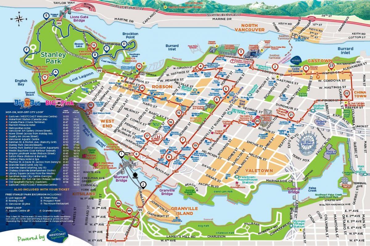 Mapa dos passeios de ônibus Vancouver Hop On Hop Off