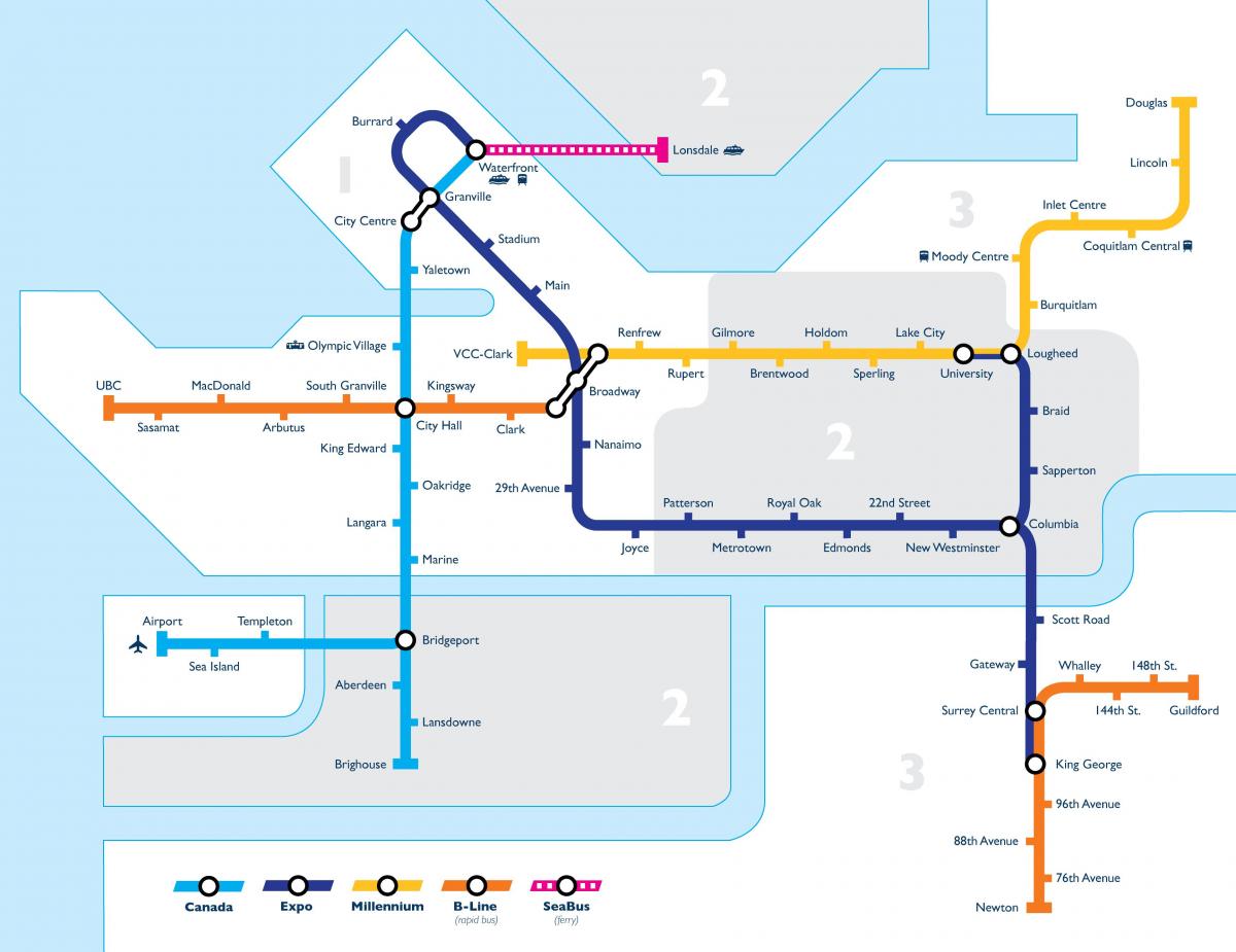 Mapa das estações de metrô de Vancouver
